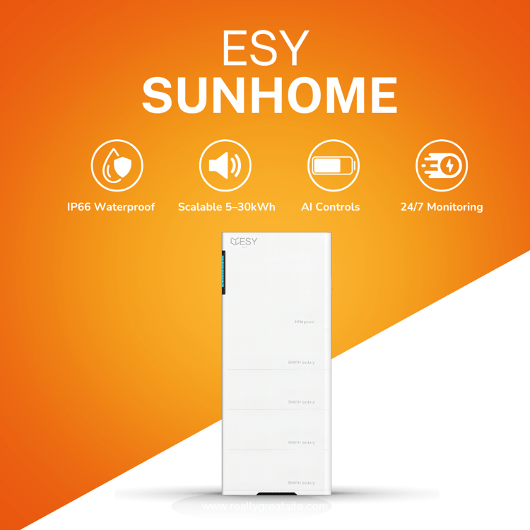 ESY SUNHOME HM Series home battery — IP66 waterproof, scalable 5 to 30 kWh, AI controls, 24/7 monitoring