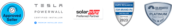 Certification badges: NETCC Approved Seller, Tesla Powerwall, SolarEdge, EUPD Top Brand PV Installer 2023 and 2024, ProductReview Award Winner