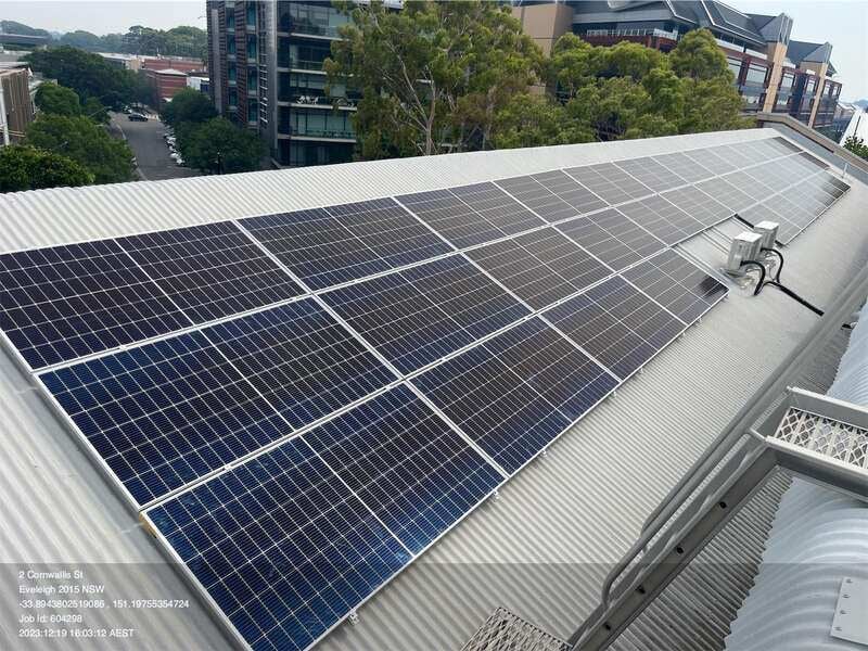 Rooftop solar array across the building