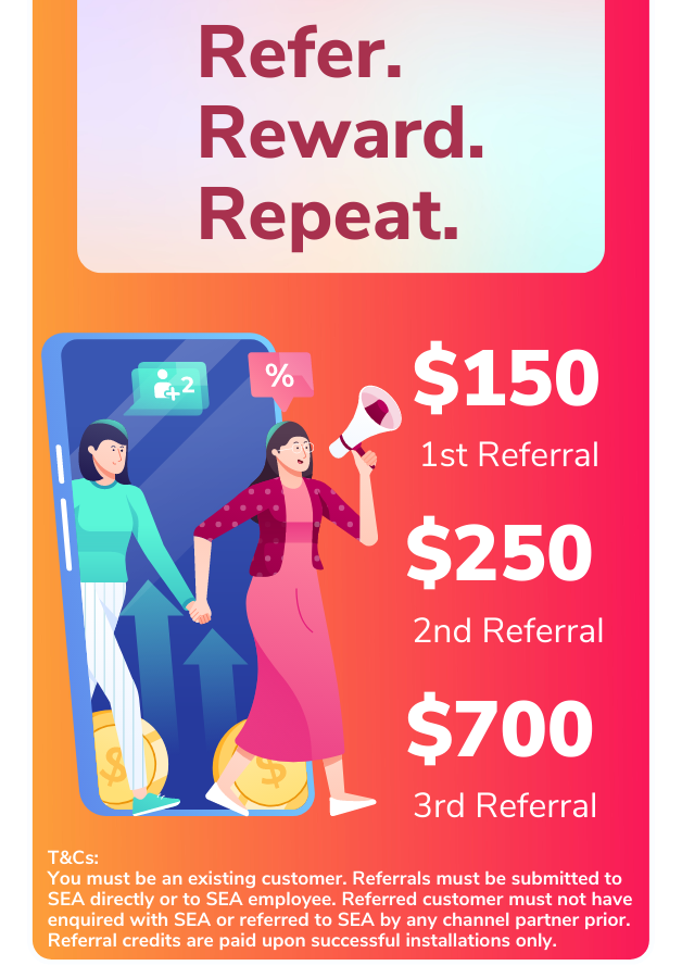 Refer. Reward. Repeat. SEA referral rewards and terms.